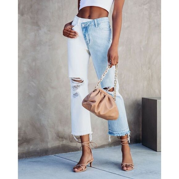 Vervet High Rise Cross Over Two Toned Jeans Rigid Denim Fray Hem Crop Flare 28 - Picture 2 of 16